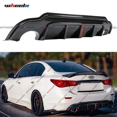 Carbon Fiber Rear Bumper Diffuser W/ V2 LED Brake Light For 2014-17 Infiniti Q50