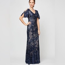 Alex Evenings V-Neck Sequin Cold Shoulder Sleeve Mother of the Bride Dress Sz 14