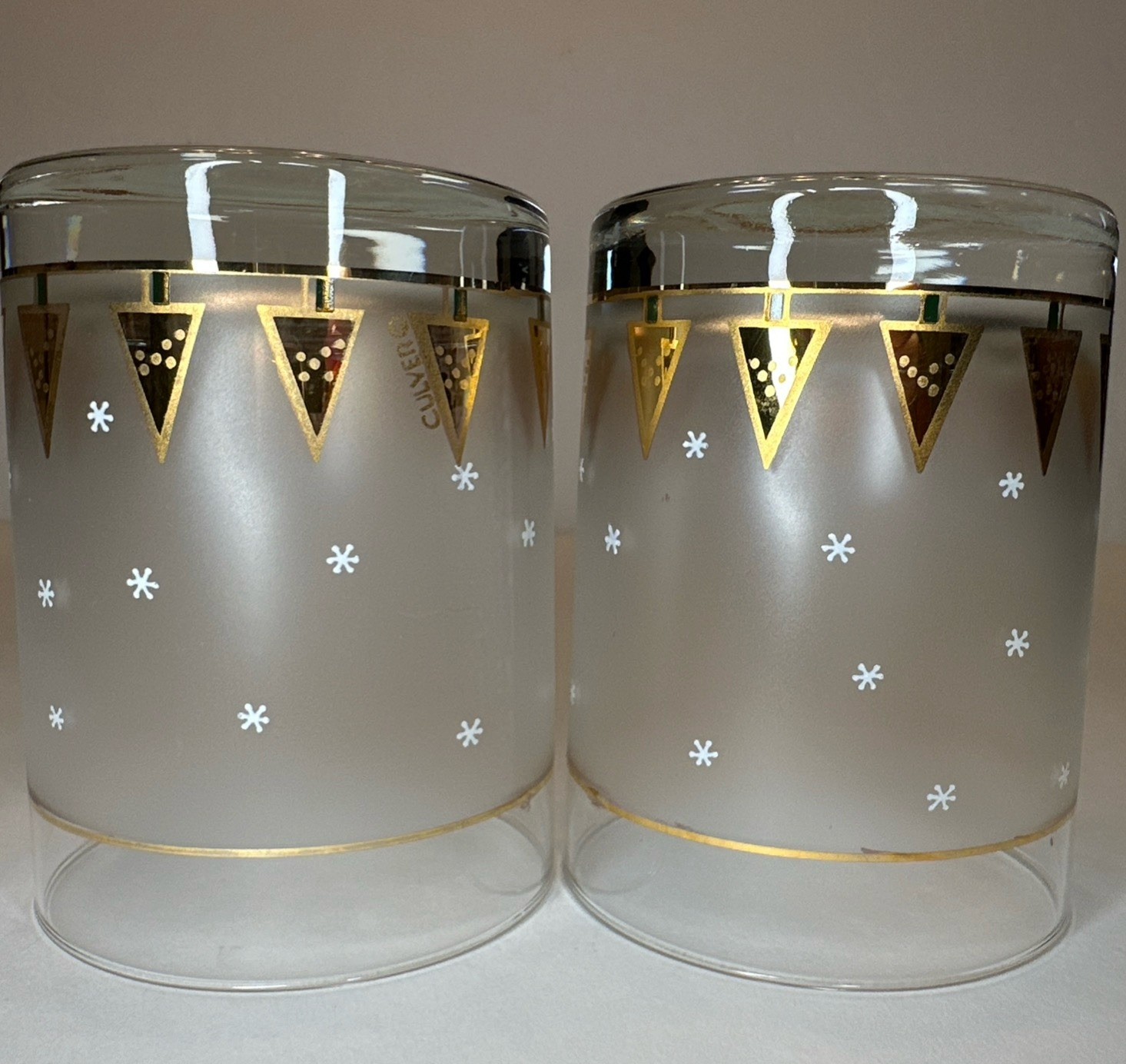 (2) Vintage Culver Double Old Fashion Frosted Gold Christmas Tree Glasses MCM