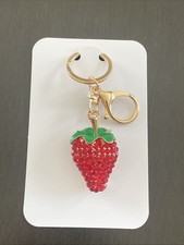 Rhinestone Red Strawberry Charm Pendant Car Purse Fashion Gold Keychain Keyring