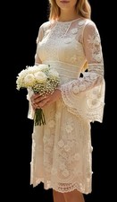 Monique Lhuillier Sz 4 Womens Ivory Embroidered Floral Lace Boho Wedding Dress