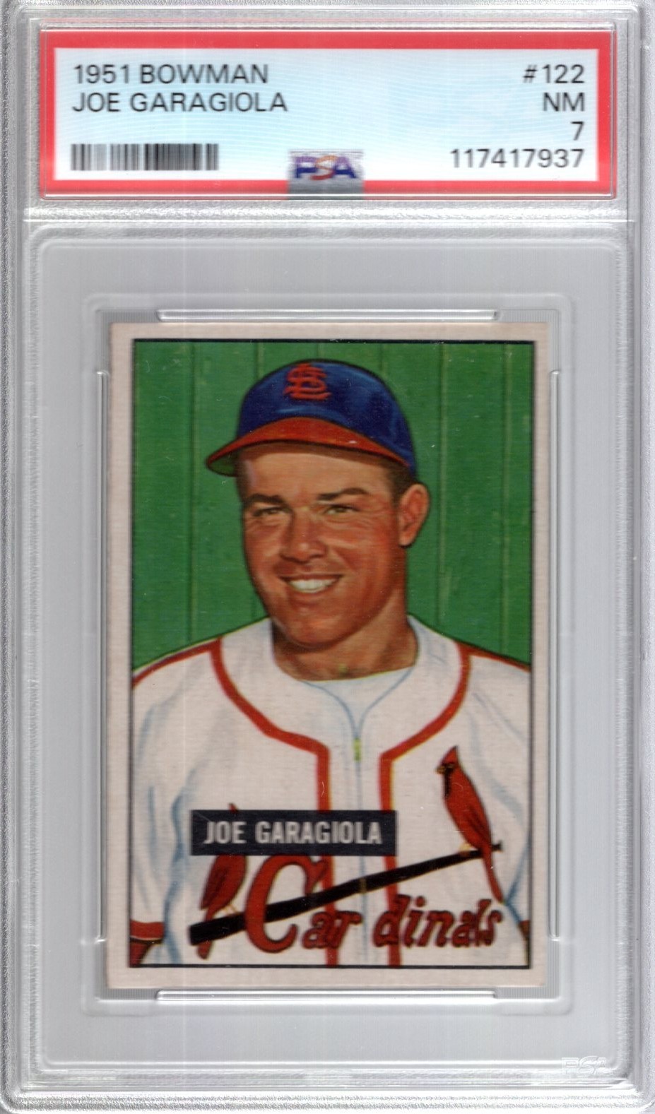 1951 Bowman #122 JOE GARAGIOLA (RC) PSA 7 NM ST. LOUIS CARDINALS     TOUGH!