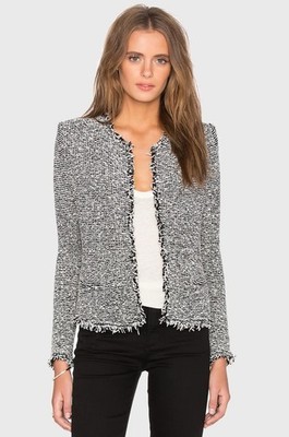 IRO AZURE Fringe Jacket Woven Tweed Black White  Sz 36