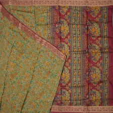 Namaste Vintage Teal Sarees 100% Pure Silk Floral Printed Sari 6YD Craft Fabric