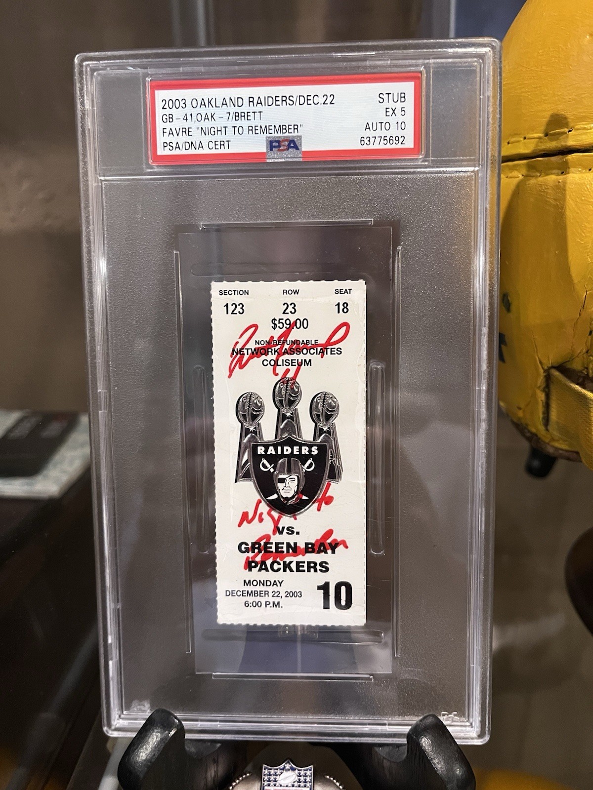 Brett Favre Autographed Signed Green Bay Packers 2003 Ticket Stub Packers vs Raiders Fathers Death PSA 