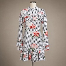 Boohoo Mini Dress Size 6 White Polka Dot Floral Ruffle Mock Neck Long Sleeve