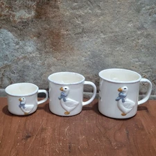 Vintage Set Porcelain Dry Measuring Cups Embossed 3D Geese Ducks Blue Bows