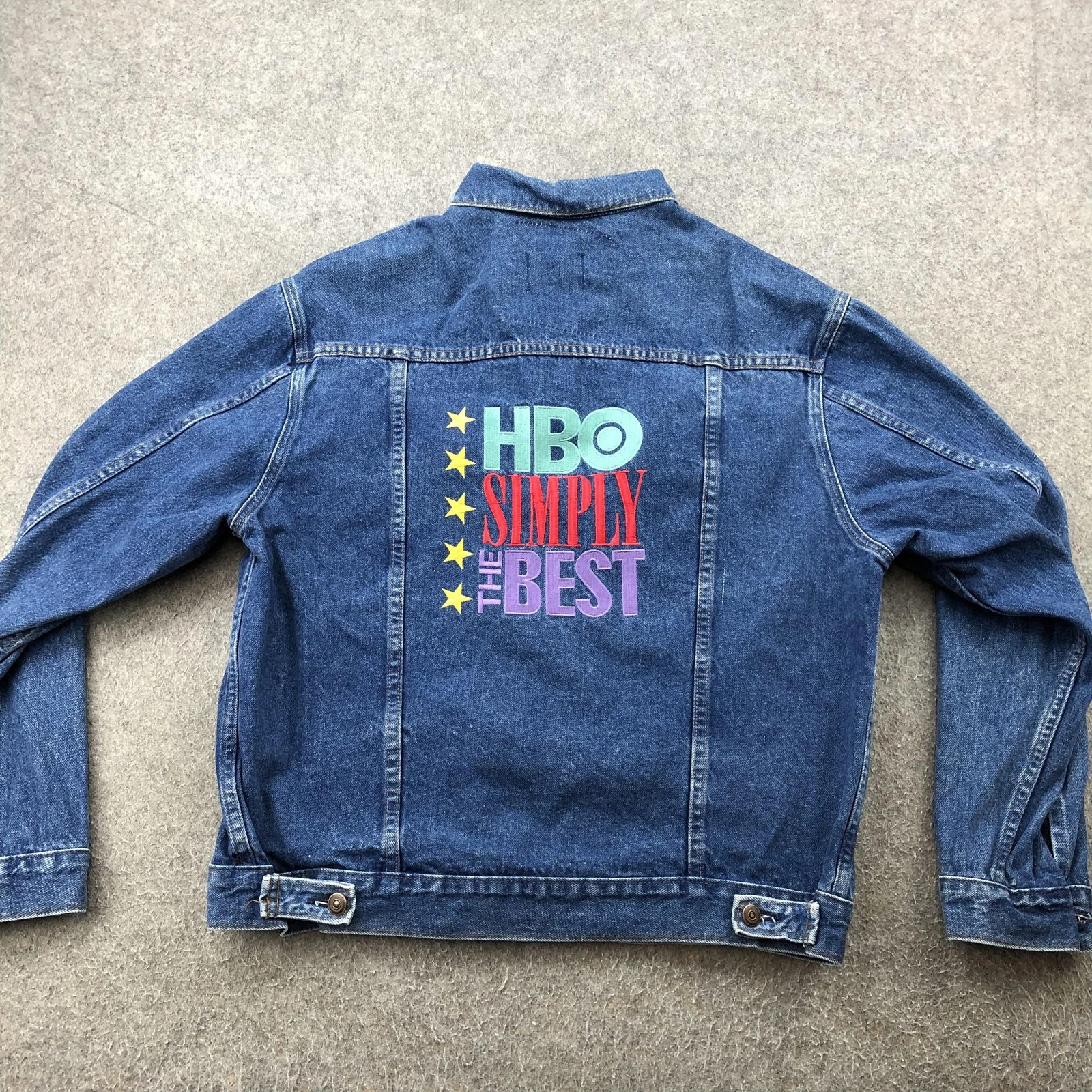 Vintage HBO Jacket Mens XL Blue Denim Trucker Embroidered Simply The Best 90s
