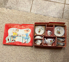 Vintage China Porcelain Toy Tea Set w/ Teapot Cups Saucers, Boxed 4-7