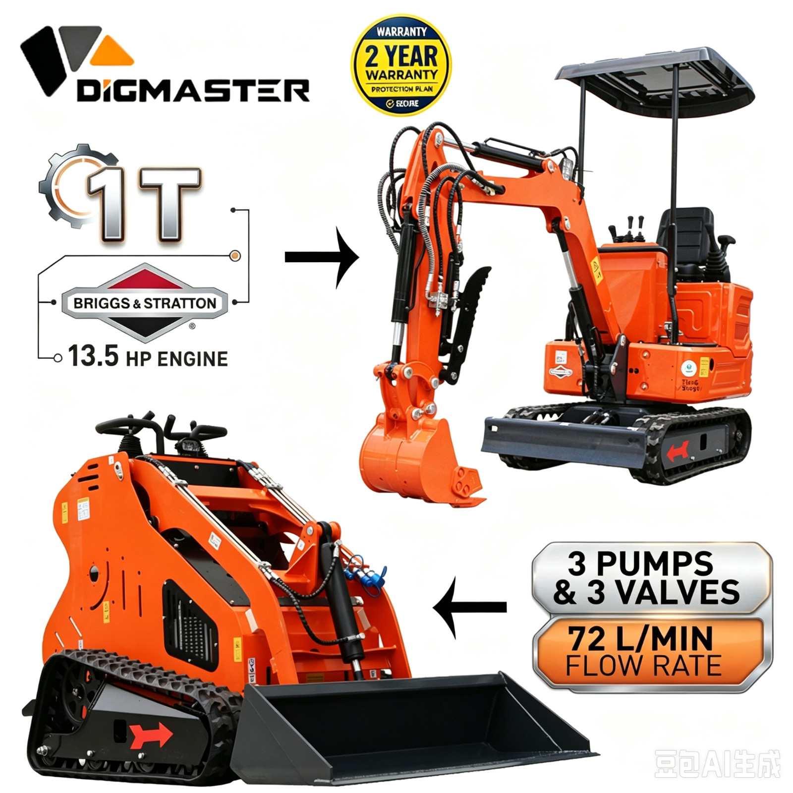 1 Ton B&S Mini Excavators Tracked + 24HP Mini Skid Steer Loader 72L/Min 3 Pumps