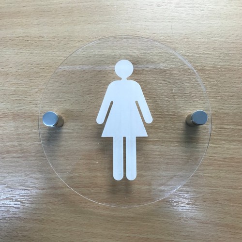 Round Etched/Engraved Female Toilet Sign - Clear Gloss Safety Acrylic