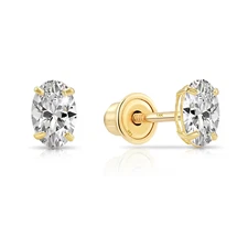 14K Real Solid Gold Solitaire Oval CZ Sleeper Studs Earrings Screw-back 5mm 6mm