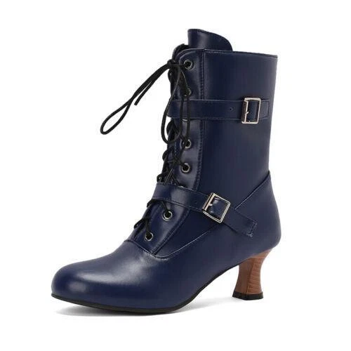 Womens Chic Shoes Round Toe Lace Up Buckle Straps Mid Heel Ankle Boots - Picture 1 of 31