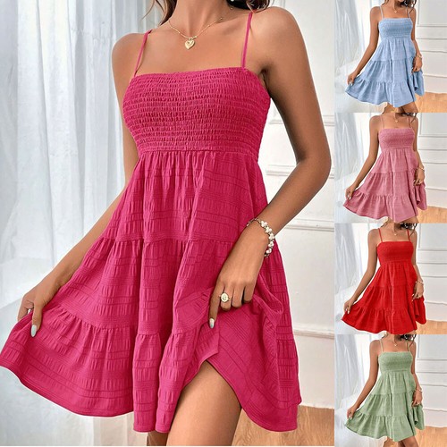 Damen Boho-Träger-Minikleid Lässig Urlaub Sommer Strand Swing-Sommerkleid | - Picture 2 of 29