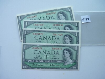VINTAGE CANADA 4X BANKNOTE SEQUENCE SERIAL NUMBER  1954 1 DOLLAR PREFIX CO NO532
