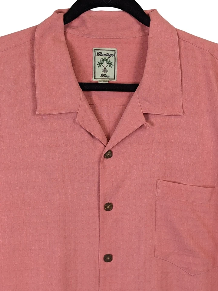 Montego Mon Men size XXL 100% Silk Button Up Peach Hawaiian Cruise Tiki Shirt - Image 2 of 4