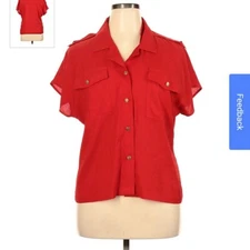 Notations Vintage Red Button Up Blouse Collared Short Sleeve Metal Buttons EUC