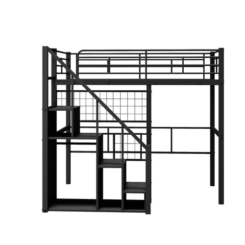 Twin Size Metal Loft Bed with Storage Staircase and Small Wardrobe, Black - Picture 9 of 18