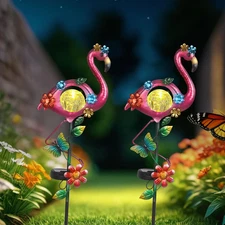 Solar Flamingo Garden Stake Lights Outdoor 2 Pack Metal Flamingo Lawm Ornament W