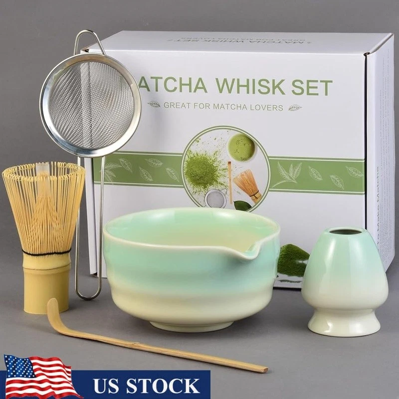 Complete Matcha Whisk Set Bamboo Whisk Ceramic Bowl Sifter Scoop Tea Kit New