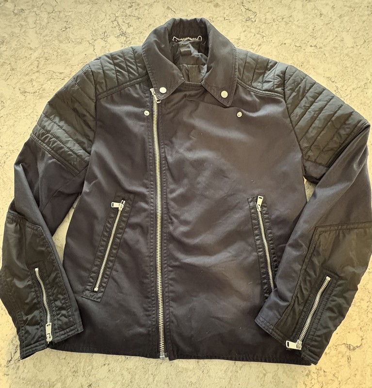H&M Men's Navy and Black Biker Jacket Long Sleeve Zipper Pockets Black Navy 40R