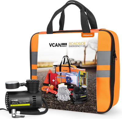Car Emergency Safety Kit Bag with Portable Air Compressor, Jumper Cables,First A