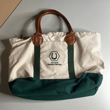 Scarborough & Tweed Canvas Boat Tote Bag Green Cream Leather Handle Made in USA