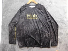 Huk Shirt Mens XL Black Gray Long Sleeve Performance Fishing Graphic Logo Camo