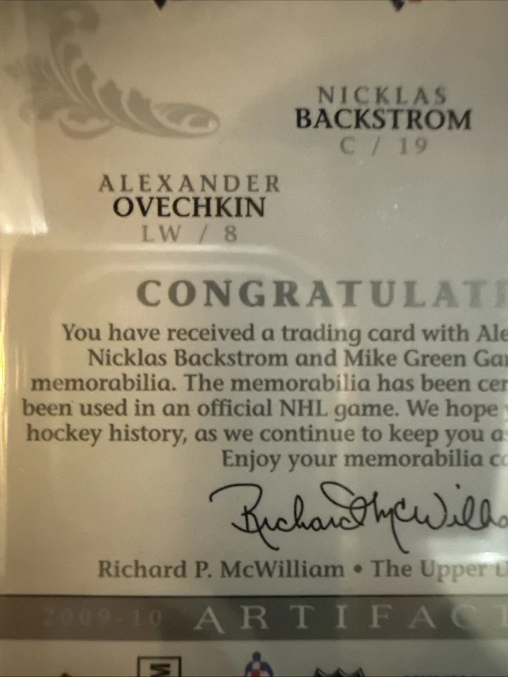 Ovechkin 1/1 Rare, Nicklas Backstrom, Mike Green Game Worn Patches 01 /10 Pop 1 - Image 3 of 3
