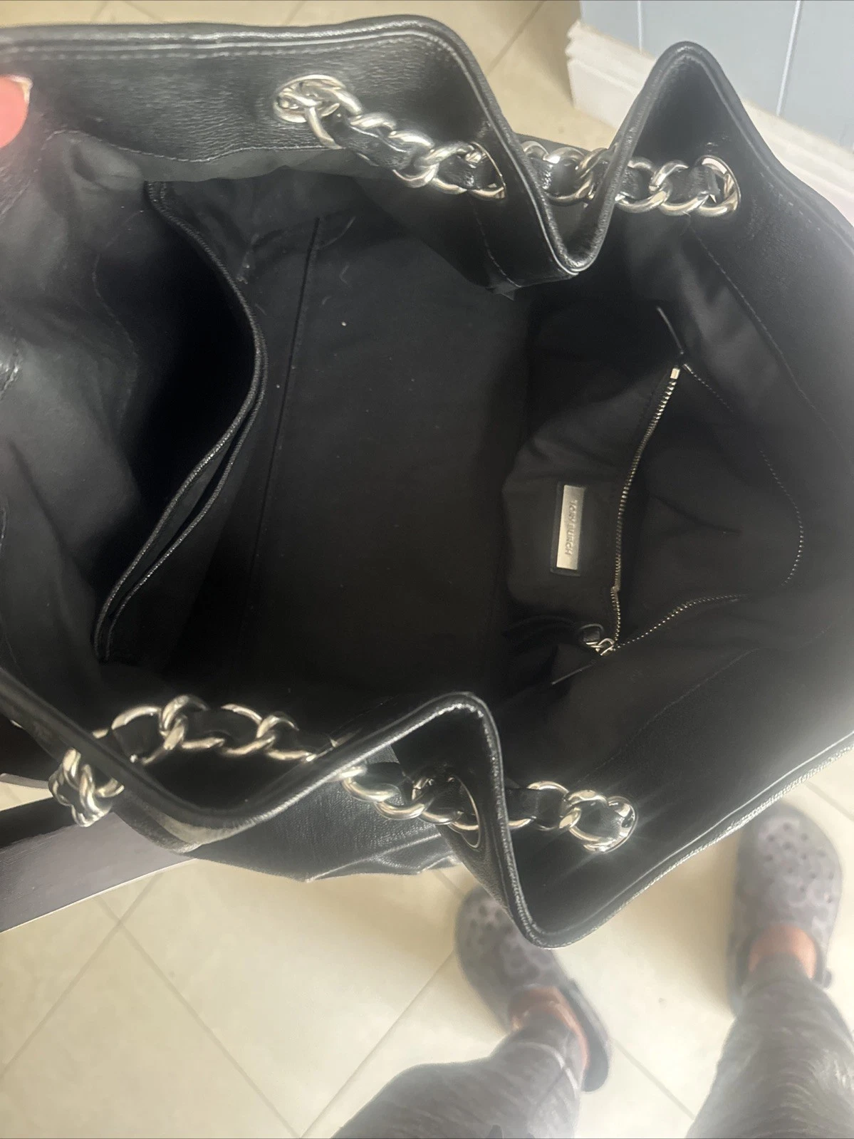 Borsa Tory Burch nera invecchiata in pelle Fleming catena 2 vie con nappa e sacchetto antipolvere