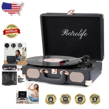 Retro Record Player, Wireless Bluetooth, Portable Suitcase, 3-Speed Vinyl Player