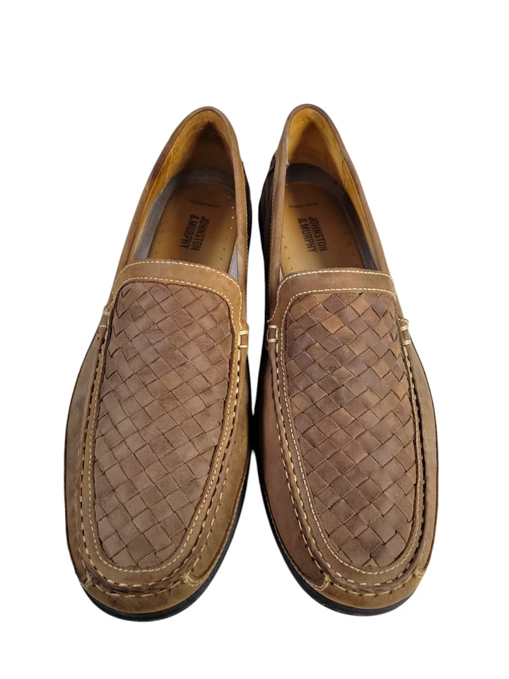 Johnston & Murphy Tan Leather Slip-On Basket Weave Fisherman Loafers Men’s 12 - Image 2 of 4