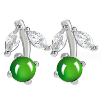 Certified Natural Ice Green A Jade jadeite S925 Silver Cherry Stud Earrings