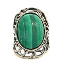 Vtg Sterling Signed 925 PZ Israel Oval Malachite Stone Filigree Wide Ring 7 1/2