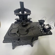 Antique Crescent Cast Iron Toy Wood Cook Stove Doll House w/Accessories. GreatEX