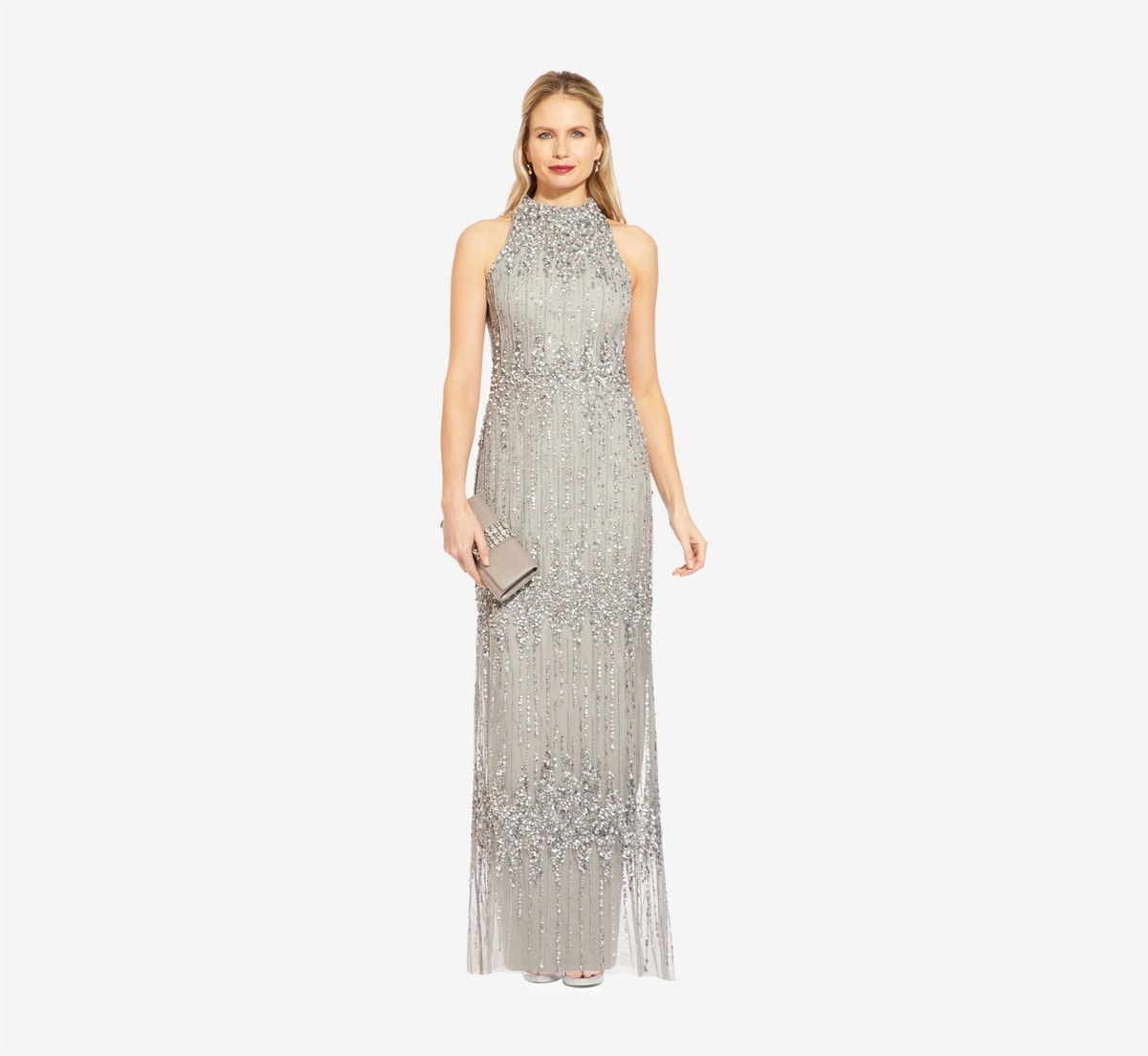 Adrianna Papell Beaded Halter Column Dress in Blue Mist $359 | eBay