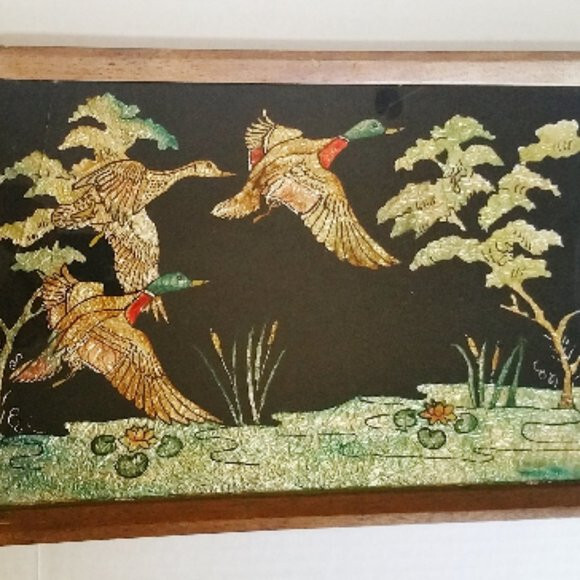 Antique FOIL ART Picture Flying Ducks Folk Art 15" x 10.5" Primitive Depression