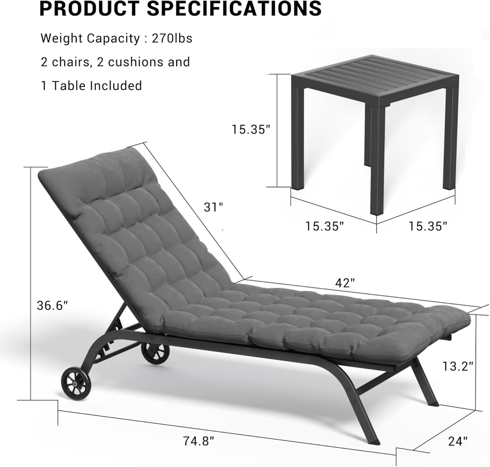 Chaise Lounge Outdoor Set of 3, Aluminum Lounge Chairs for outside W