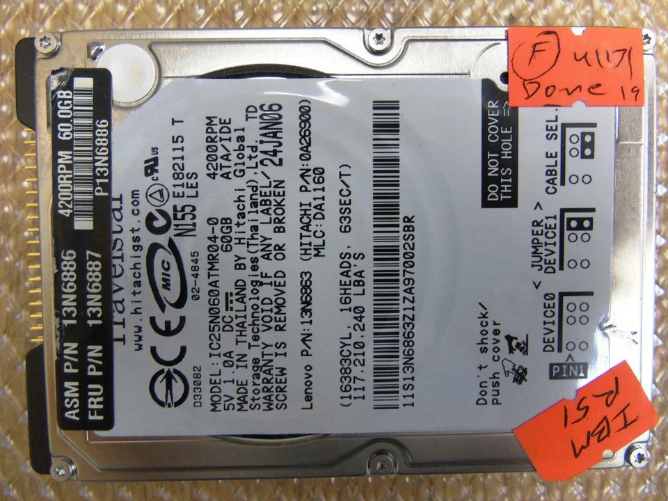 IBM Hitachi 60GB Laptop Hard Drive HDD 9.5MM 2.5" 4200RPM IDE 13N6886 13N6887 - Image 2 of 4