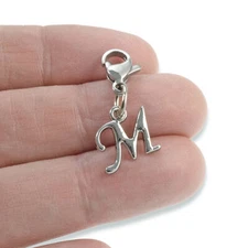 Silver Letter "M" Clip On Charm, Cursive Script Initial Dangle + Lobster Clasp