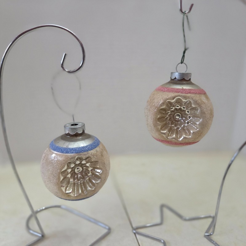 Pair of Mica Reflector Christmas Ornaments – Pink and Blue Stripe. 2.5” 