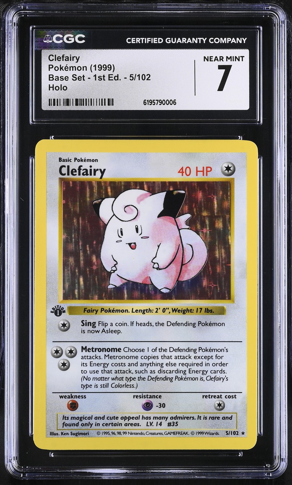 CGC 7 NEAR MINT Clefairy 5/102 Base Set 1st Edition Shadowless Holo Pokemon Card