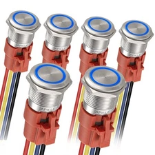 APIELE Latching Push Button Switch 19mm 12V- 24V DC 19MM, Silver Shell-Blue 