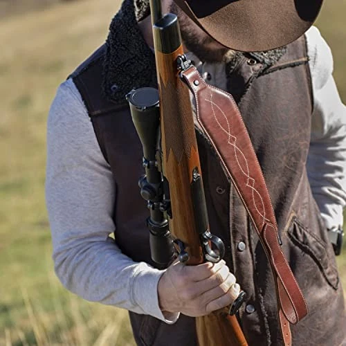 Western Scallop Leather Rifle Sling Adjustable Padded Design 28 Inch Brown - Image 3 of 4