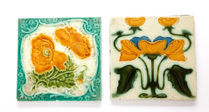 2 Art Nouveau Floral Majolica Fireplace Tiles C1900 6x6