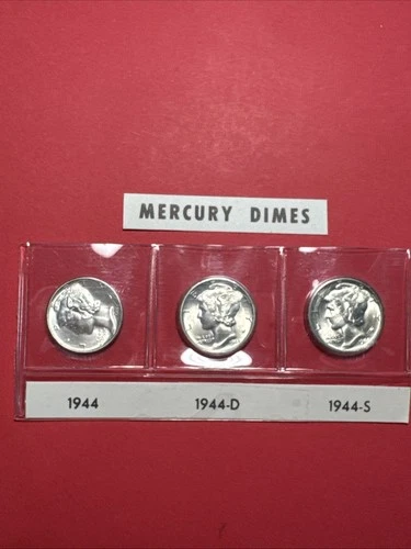 1944-P D & S BU 10C Mercury Dimes Trio Brilliant Uncirculated Set 90% Silver
