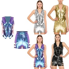 Womens Costume Metallic Dancewear Fully Lined Outfits Cutout Dance Clubwear