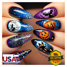 Halloween Press On Nails 24 Pieces Pumpkin Bat Castle Spider Web Pattern Full