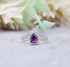 Pear Cut Natural Amethyst Sterling Silver Engagement Bridal Ring
