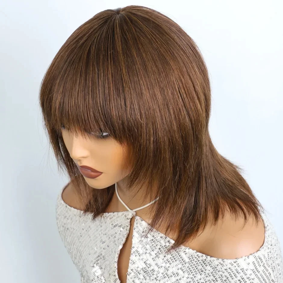 Pelucas cortas marrones pelucas de corte en capas con flequillo 100 % cabello humano sin encaje Foto 4 de 4
